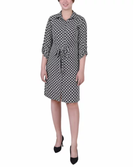 Petite Geometric Printed Long Sleeve Roll Tab Shirtdress - Black White Iconic