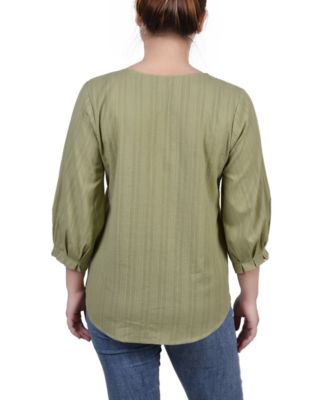 Petite Size 3/4 Sleeve Button Placket Jacquard Blouse