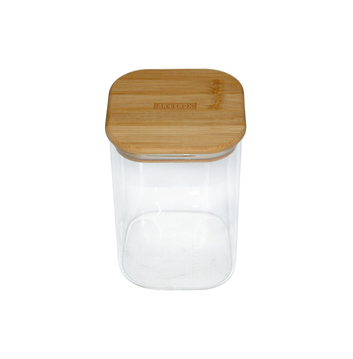 Art & Cook Square Clear High Borosilicate Glass Storage With Flat Bamboo Lid And Plant Oil Surface, 1200 ml In Brown
