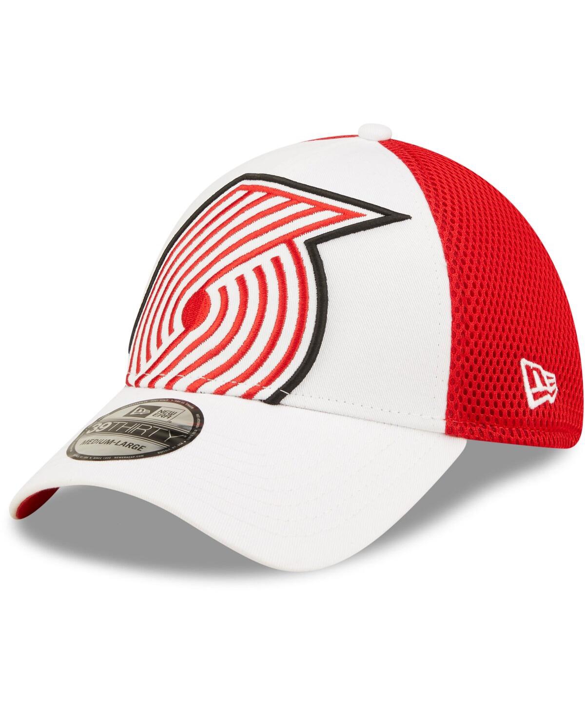 Shop New Era Men's  White, Red Portland Trail Blazers Large Logo 39thirty Flex Hat In White,red