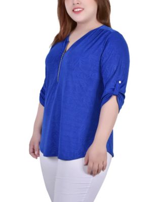Plus Size 3/4 Roll Tab Zip Front Jacquard Knit Top
