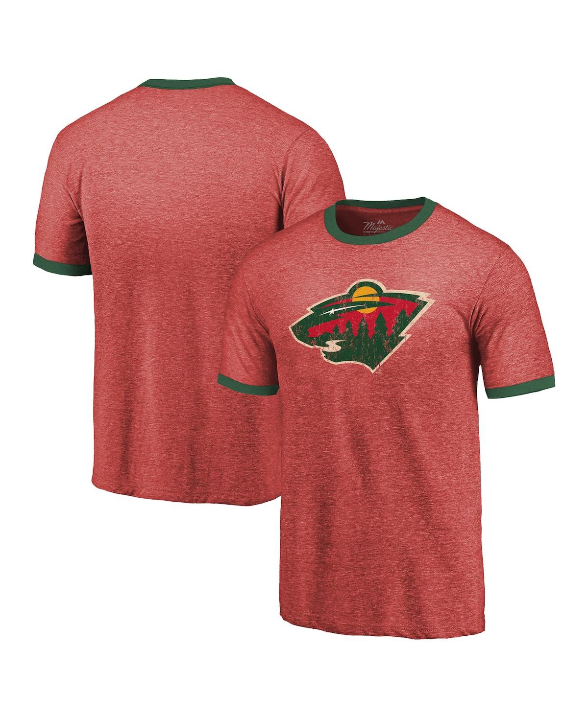 Shop Majestic Men's  Threads Heathered Red Minnesota Wild Ringer Contrast Tri-blend T-shirt