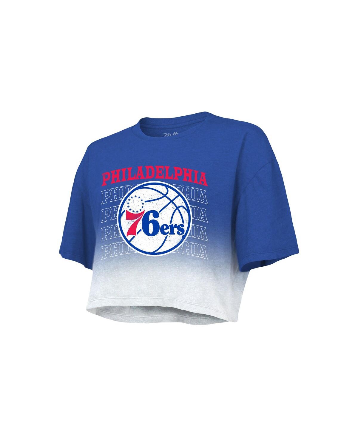 Shop Majestic Women's  Threads Royal And White Philadelphia 76ers Repeat Dip-dye Cropped T-shirt In Royal,white