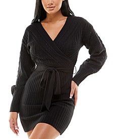 Juniors' Belted Cable-Knit V-Neck Wrap Sweater Dress