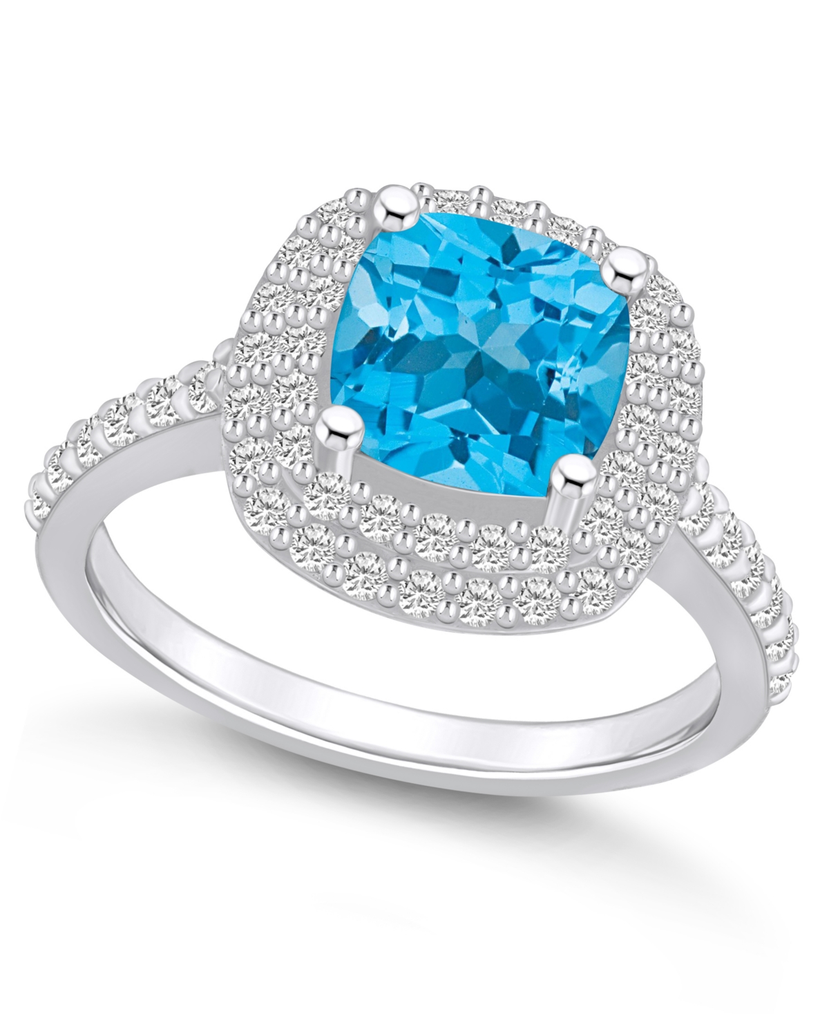 Macy's Blue Topaz And Diamond Accent Halo Ring In 14k White Gold In Blue