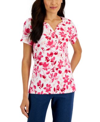 Karen Scott - Women's Short-Sleeve Floral-Print Henley Top