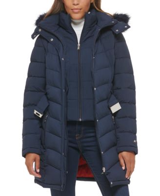 navy belted puffer coat