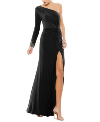 Mac Duggal One-Shoulder Long Sleeve Jersey Gown in Black