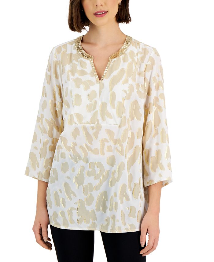 Jm Collection Women's Animal-Print Necklace Top, Created for Macy's