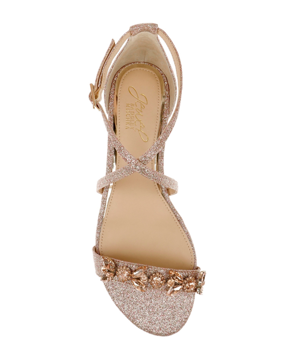 Jewel Badgley Mischka Women s Tessy Crisscross Strap Evening Flat Sandals Rose Gold Glitter Smart Closet