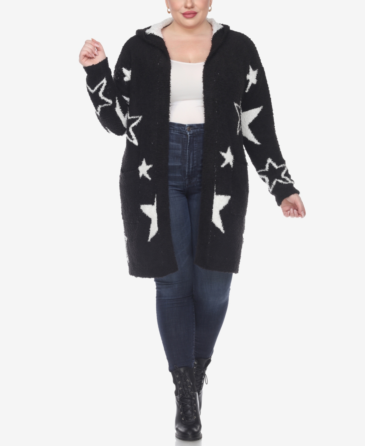 White Mark Plus Size Hooded Open Front Sherpa Sweater In Black,white Stars