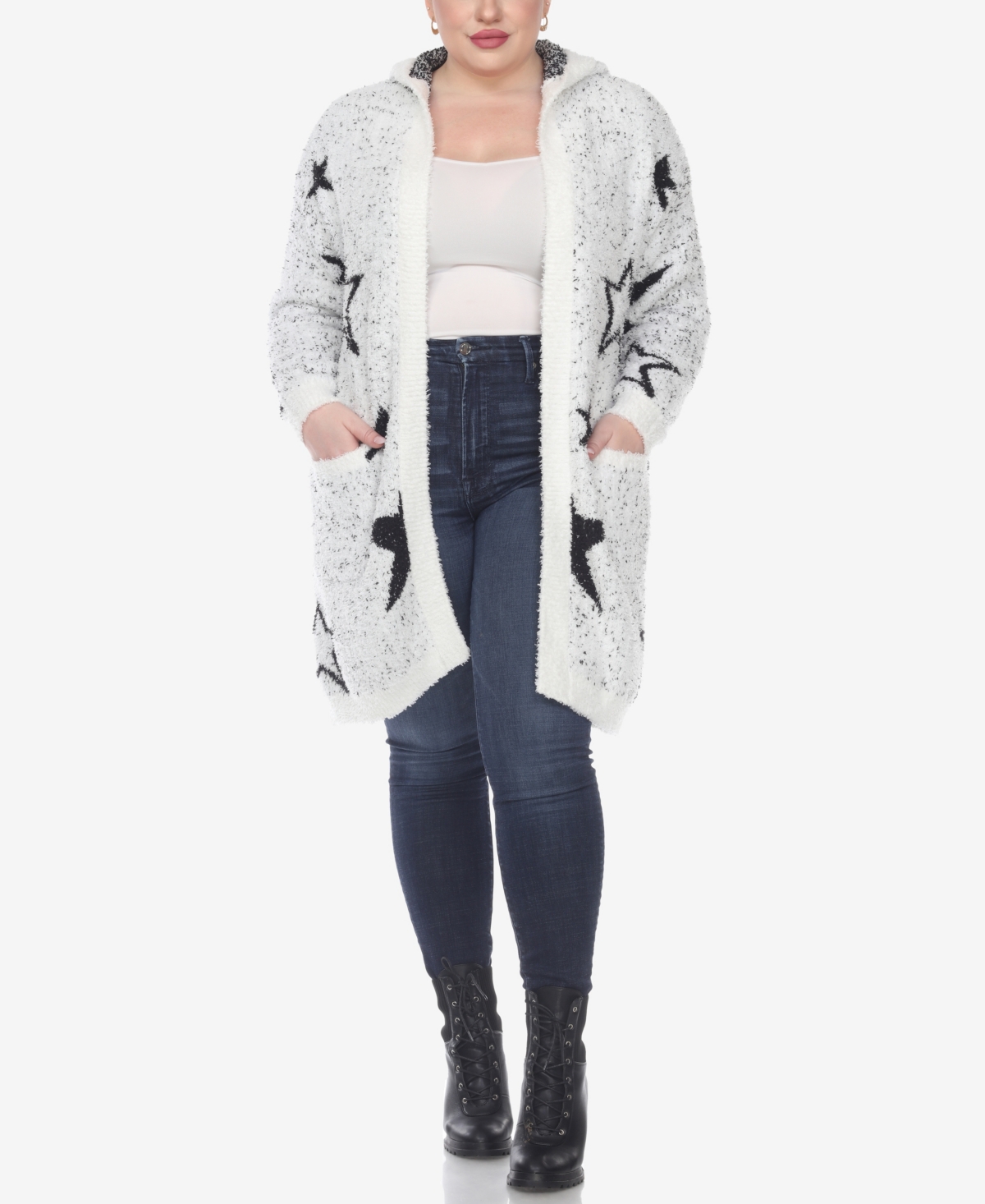 White Mark Plus Size Hooded Open Front Sherpa Sweater In White,black Stars