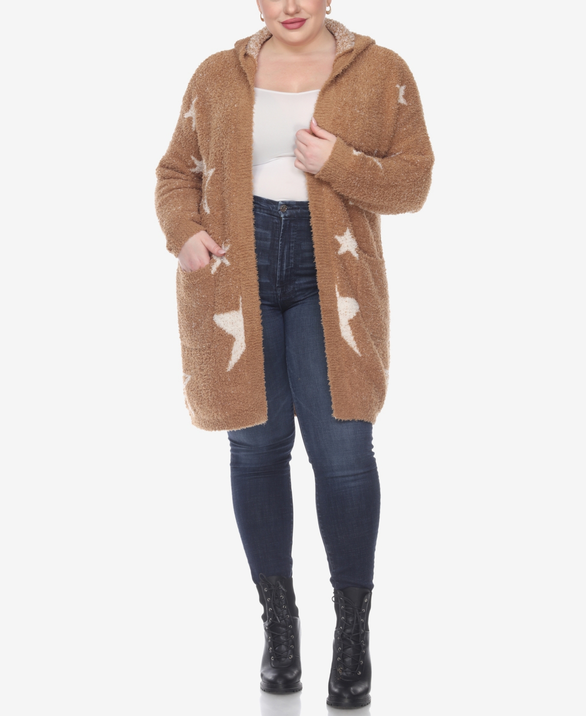 White Mark Plus Size Hooded Open Front Sherpa Sweater In Camel,white Stars
