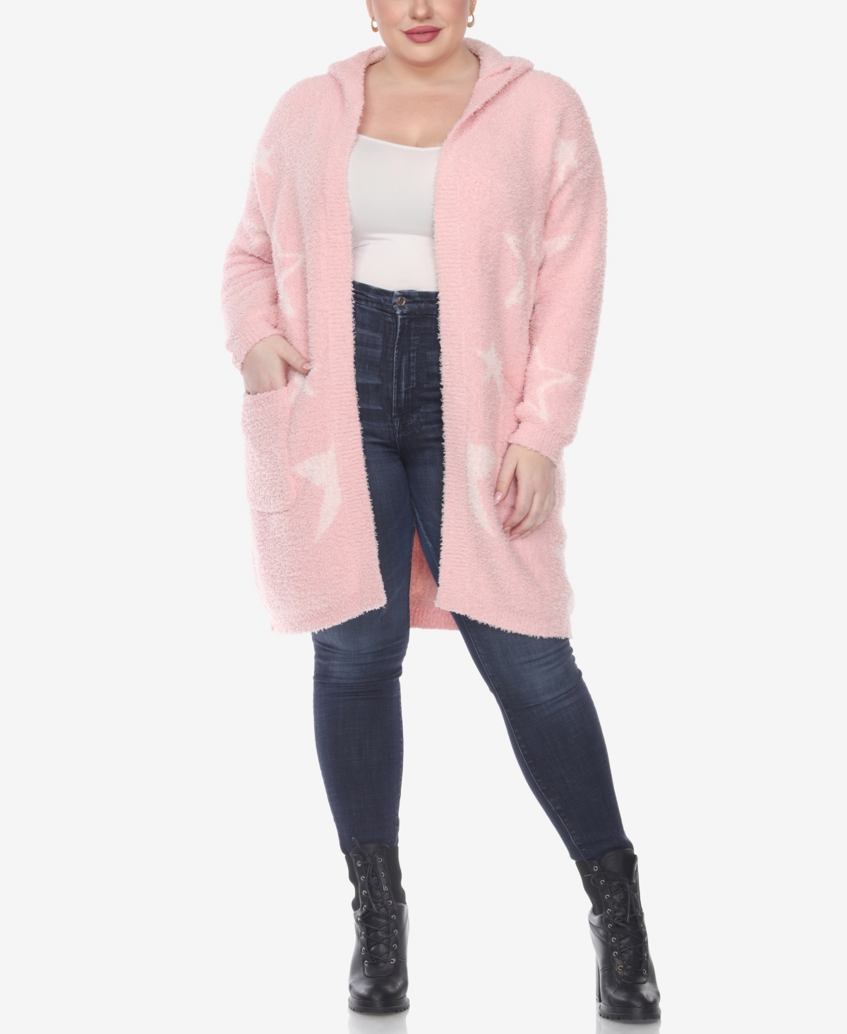 Shop White Mark Plus Size Hooded Open Front Sherpa Sweater In Pink,light Pink Stars