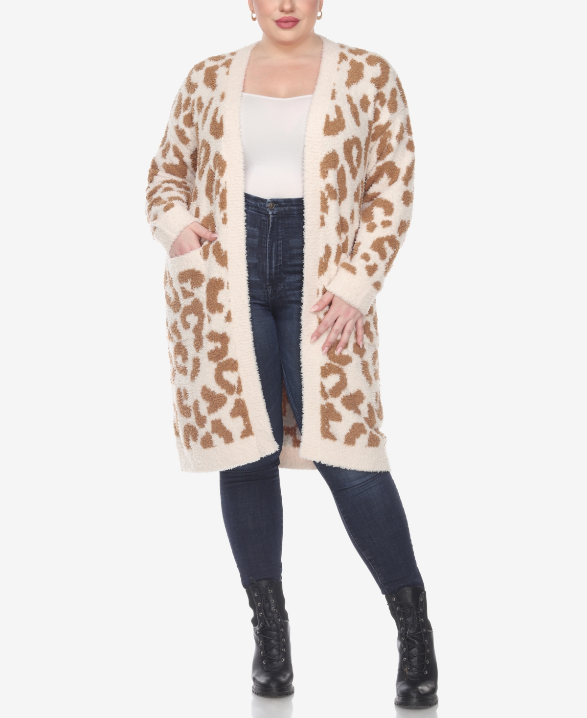 White Mark Plus Size Leopard Print Open Front Sherpa Sweater