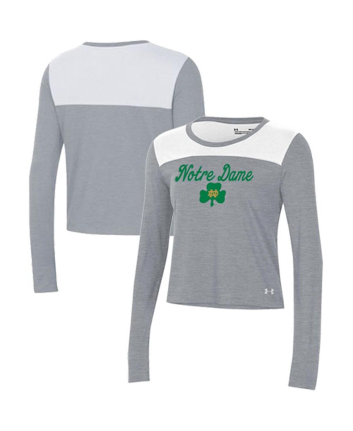 Shop Under Armour Women's  White And Gray Notre Dame Fighting Irish Vault Cropped Long Sleeve T-shirt In White,gray