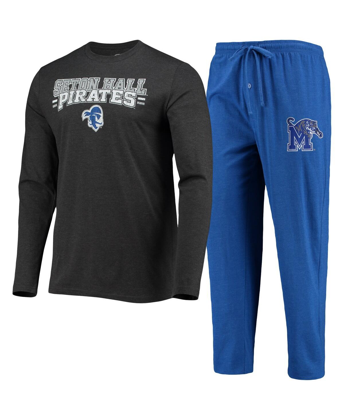 Concepts Sport Blue/heathered Charcoal Seton Hall Pirates Meter Long Sleeve T-shirt & Pants Sleep Se In Blue,heathered Charcoal