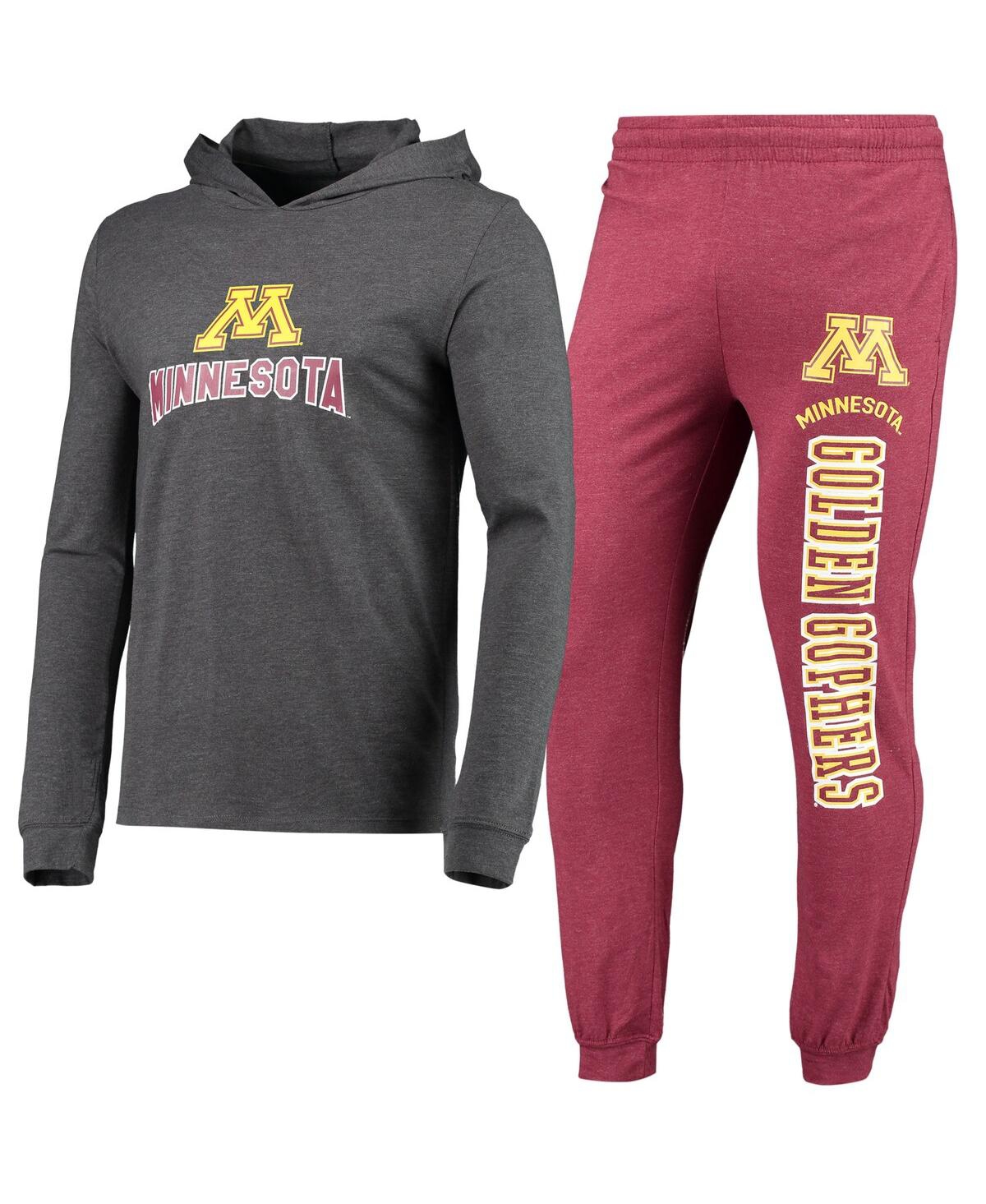 Men's Concepts Sport Heatheredand Heathered Charcoal Minnesota Golden Gophers Meter Long Sleeve Hoodie T-shirt and Jogger Pants Set - Maroon