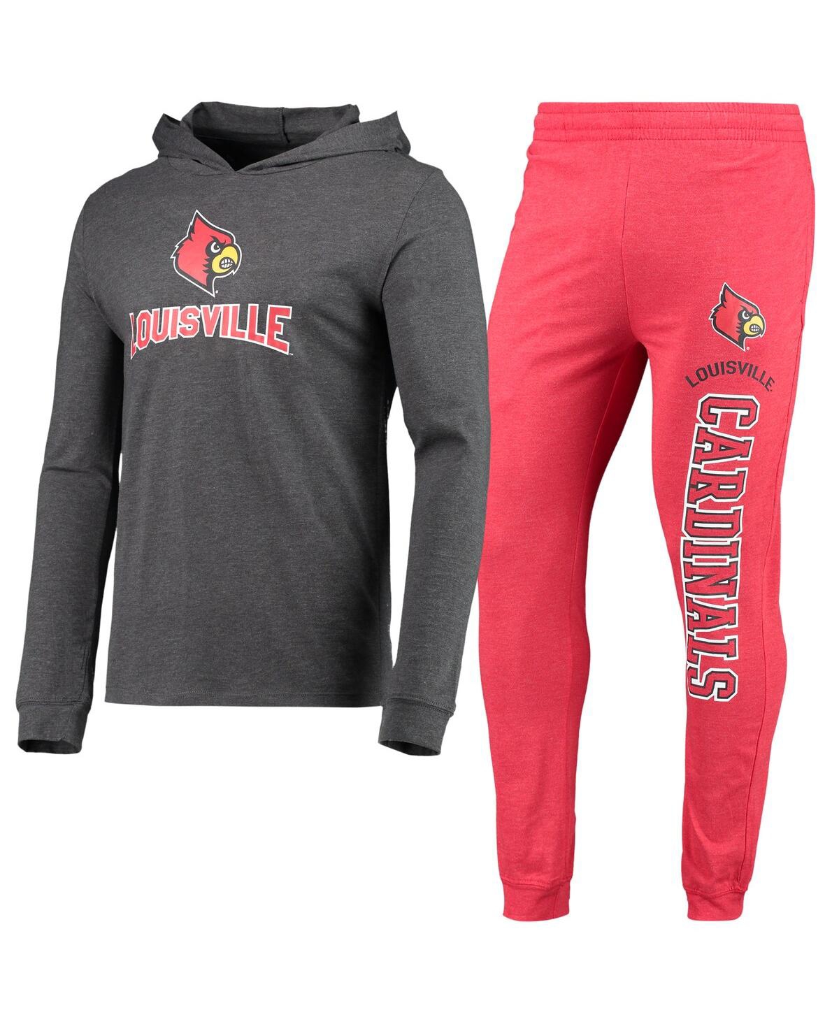 Concepts Sport Red/heather Charcoal Louisville Cardinals Meter Long Sleeve Hoodie T-shirt & Jogger P In Red,heathered Charcoal