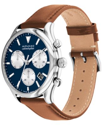 Men's Calendoplan Cognac Brown Genuine Leather Strap Watch 43mm