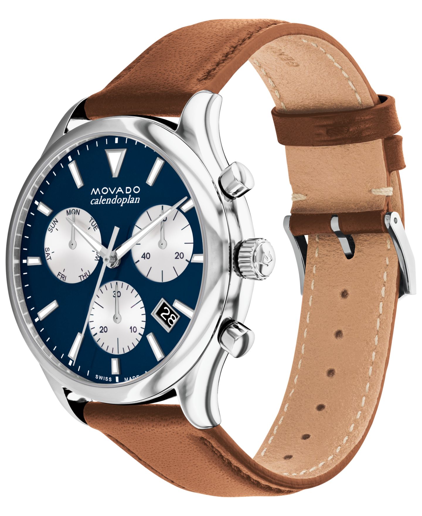 Мужские часы Movado Calendoplan Cognac Brown Genuine Leather Strap Watch 43mm — фото 3