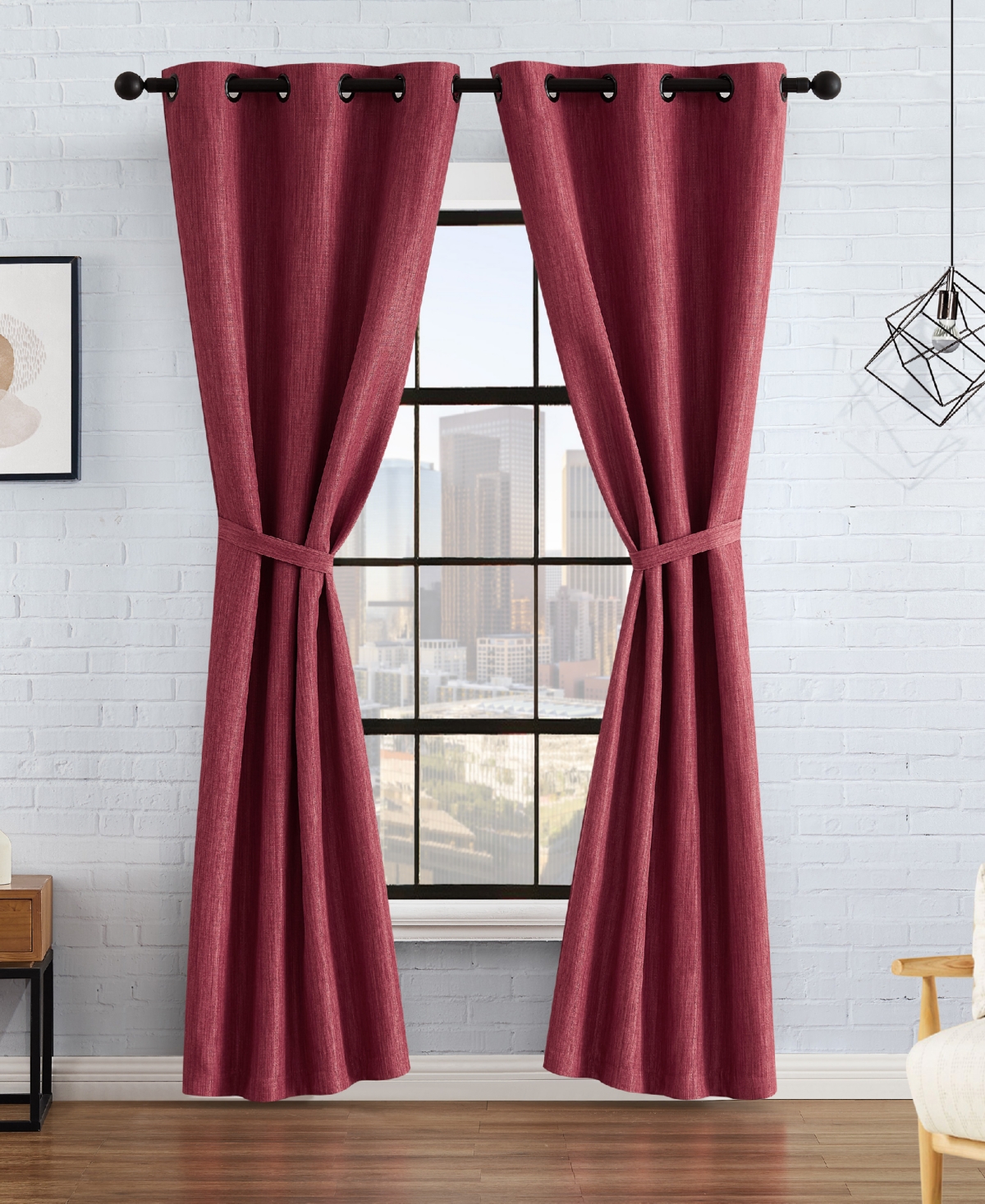 Lucky Brand Solana Thermal Woven Room Darkening Grommet Window Curtain Panel Pair with Tiebacks, 38