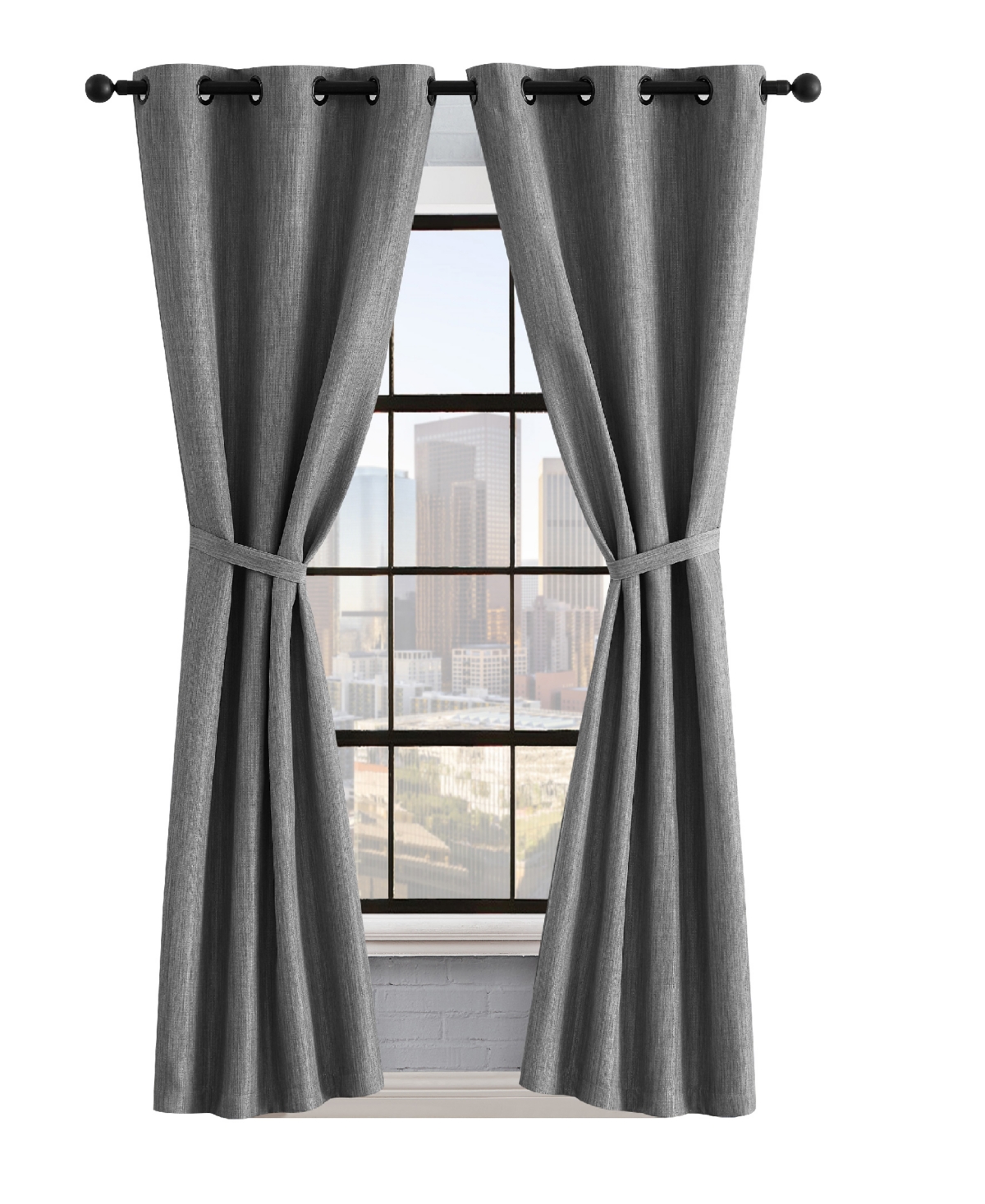 Lucky Brand Solana Thermal Woven Room Darkening Grommet Window Curtain Panel Pair With Tiebacks, 38" X 84" In Gray