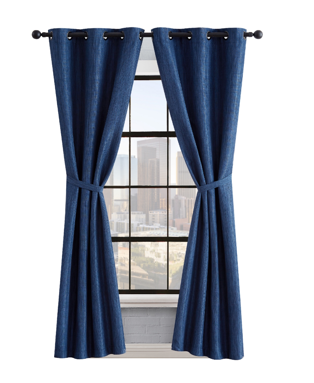 Lucky Brand Solana Thermal Woven Room Darkening Grommet Window Curtain Panel Pair With Tiebacks, 38" X 84" In Denim Blue