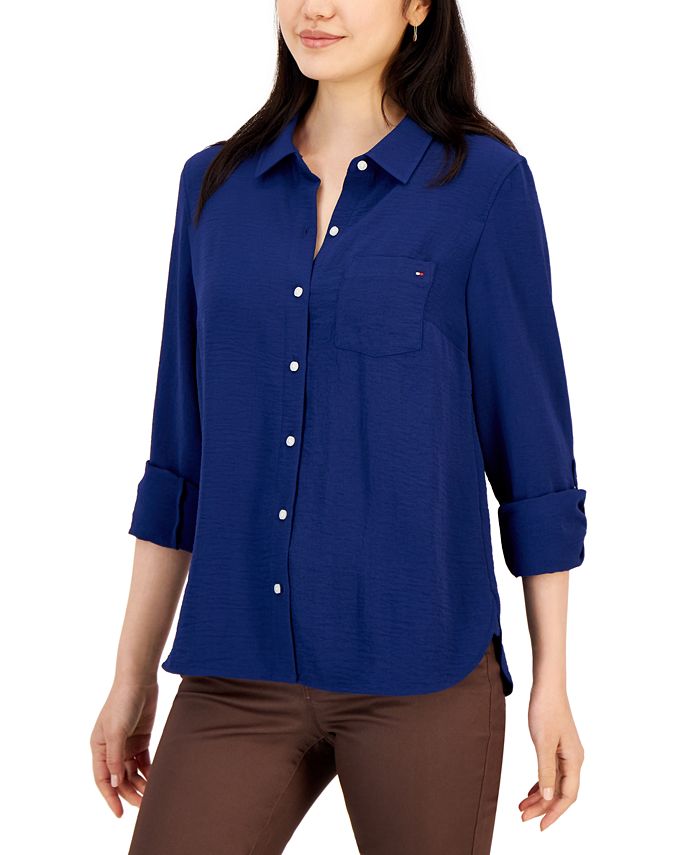 Tommy Hilfiger Classic Fit Women's Roll-Tab-Sleeve Button-Down Shirt Size  Large