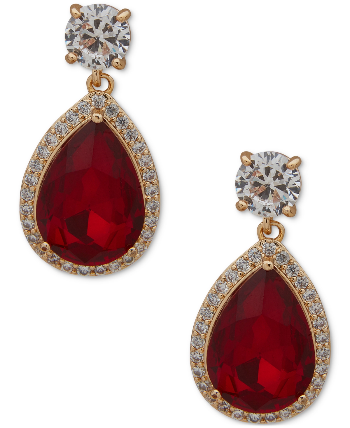 Pave Crystal Pear Halo Drop Earrings - Red