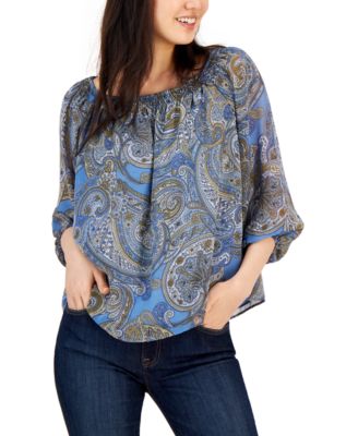 売れ筋商品|||トミー ヒルフィガー カットソー トップス レディース Women's Cotton Paisley-Print Ruffled Top Bright White/blue Tommy Hilfiger Women's Paisley-Print 3/4-Sleeve Top - Macy's