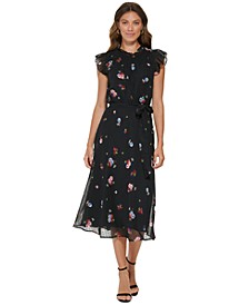 Floral-Print Clip-Dot Midi Dress
