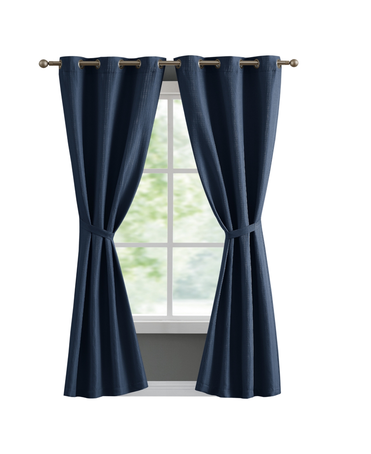French Connection Tanner Thermal Woven Room Darkening Grommet Window Curtain Panel Pair With Tiebacks, 38" X 84" In Blue