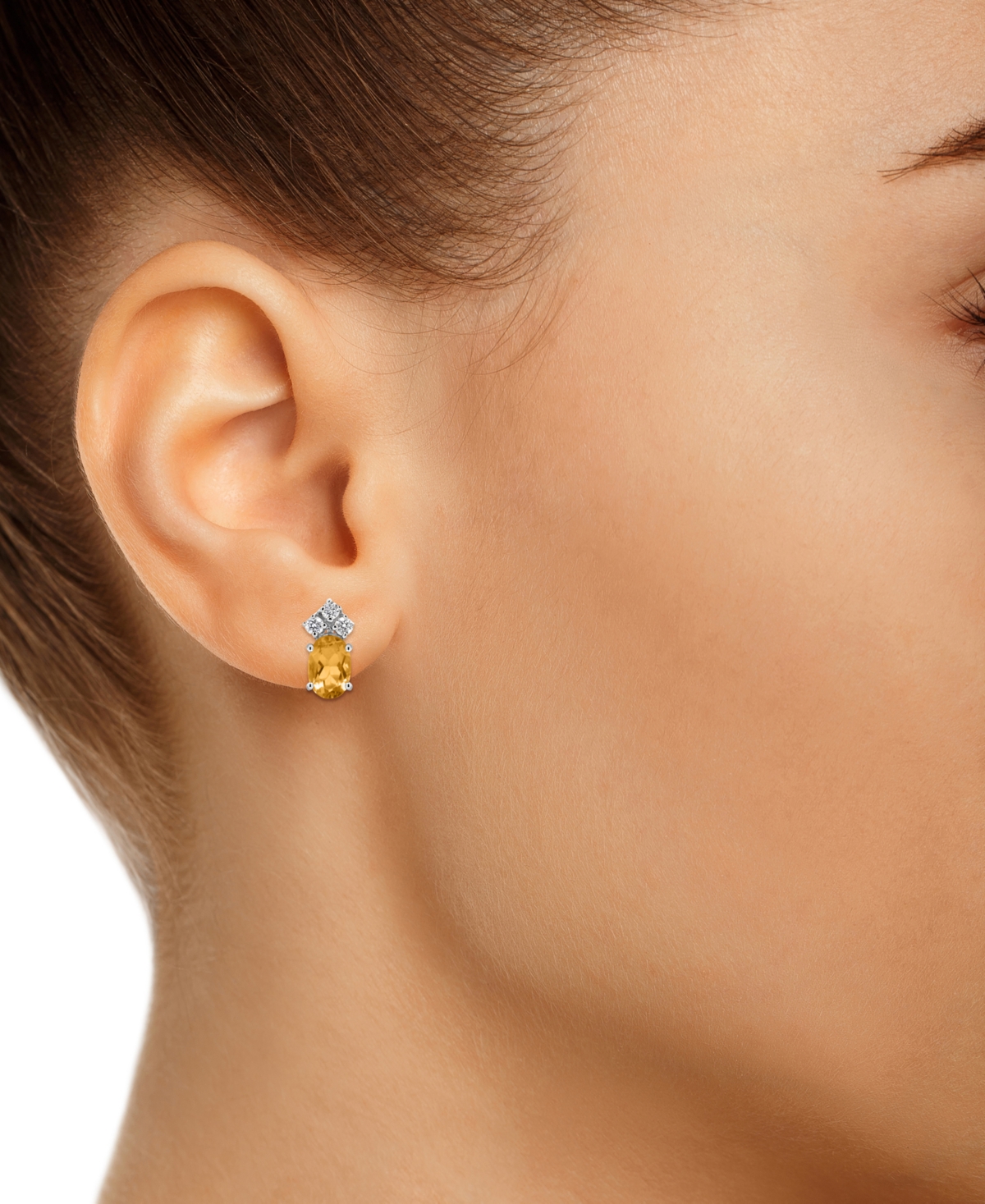 Citrine and Diamond Stud Earrings (7/8 ct.t.w and 1/8 ct.t.w) 14K- White Gold