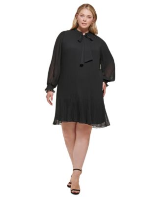 DKNY - Plus Size Tie-Neck Pleated Balloon-Sleeve Chiffon Dress
