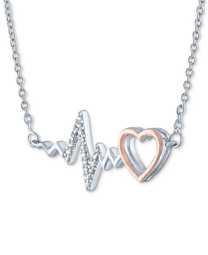 Macys Diamond Accent Heartbeat Heart Pendant Necklace In Sterling Silver And 14k Rose Gold Plate 5891