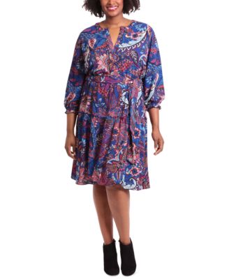 London Times - Plus Size Printed Peasant Midi Dress