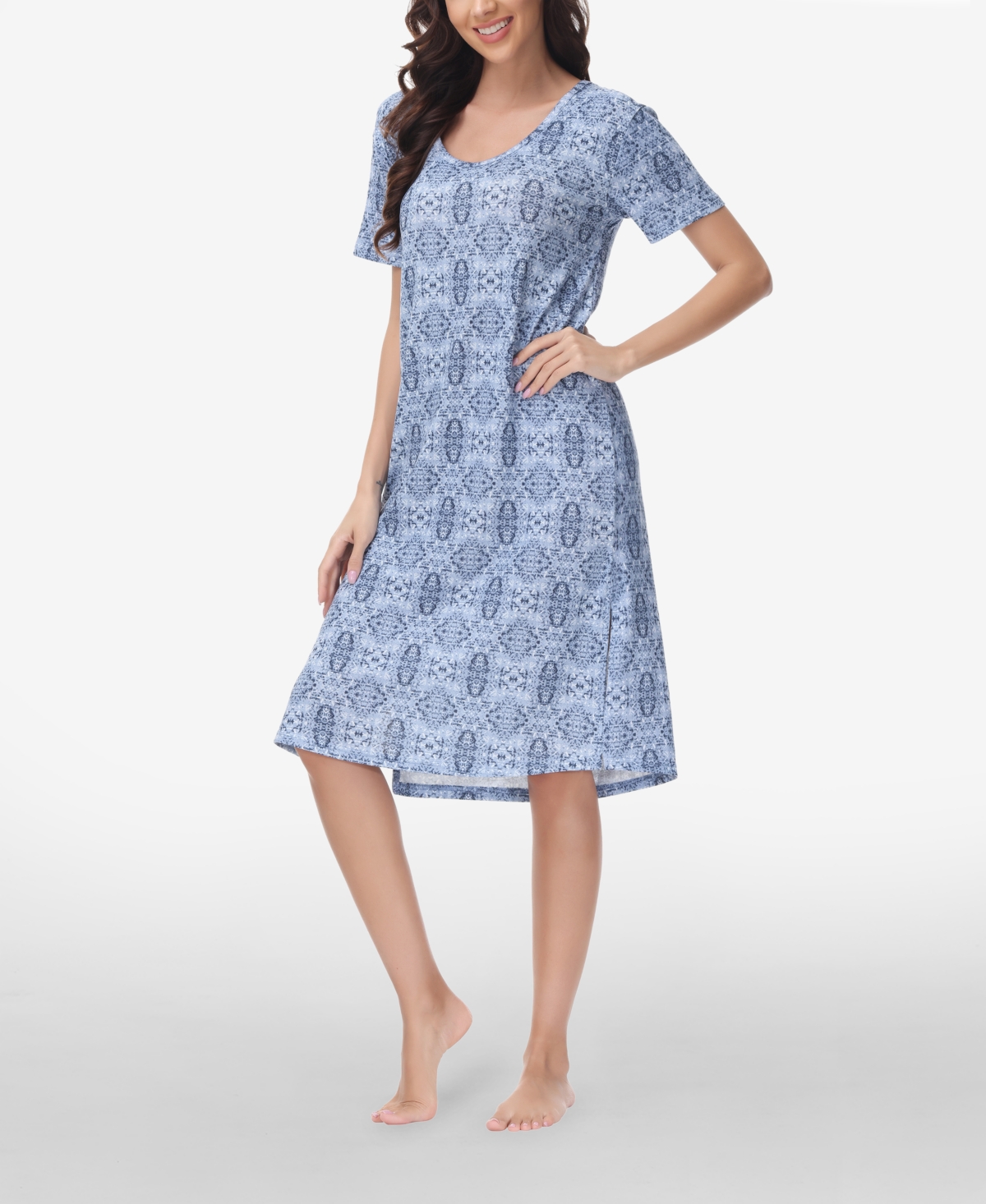 Ink+Ivy Women's Printed Short Sleeve Side Slit Sleep Dress High Point Shoulder
