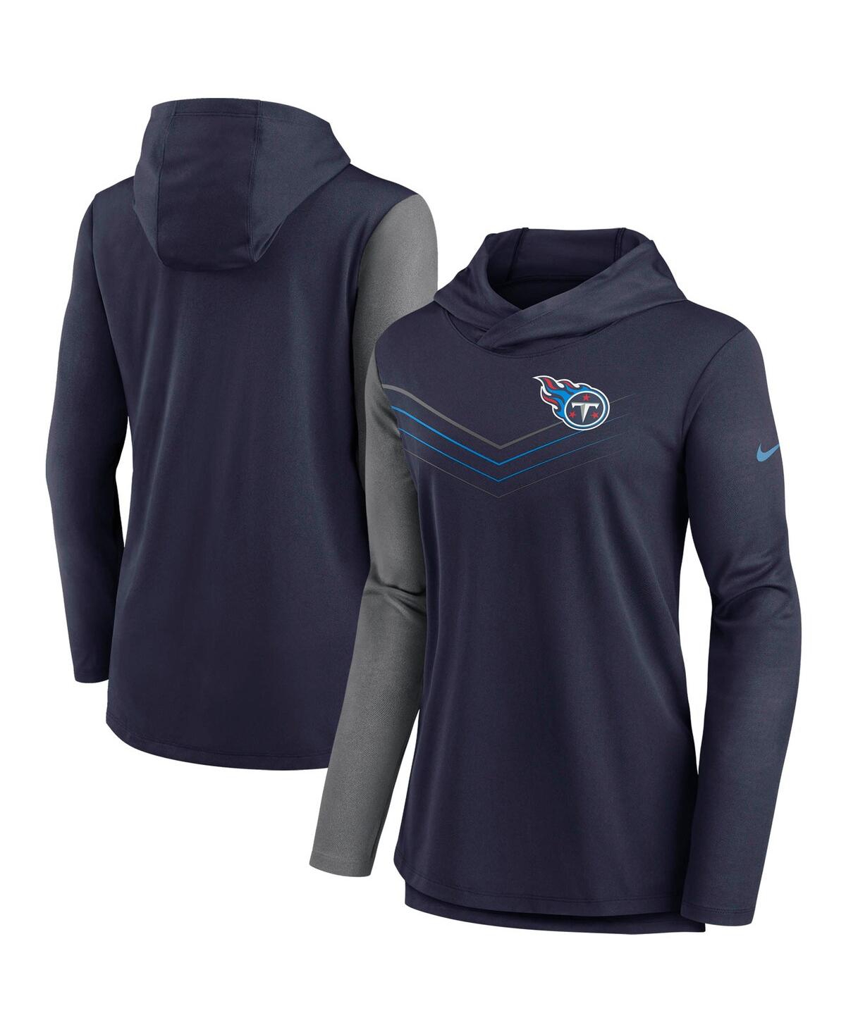 Women's Nike Navy and Heathered Charcoal Tennessee Titans Chevron Hoodie Performance Long Sleeve T-shirt - Navy, Heathered Charcoal