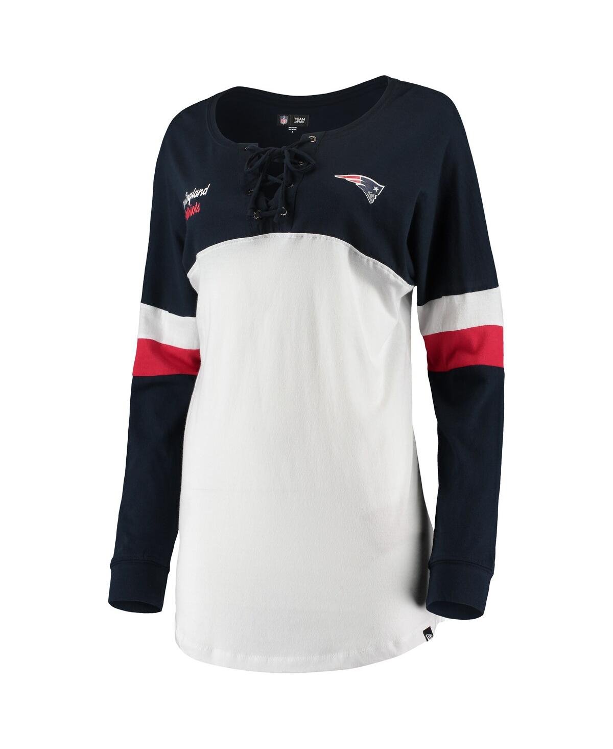 Shop New Era Women's  White, Navy New England Patriots Athletic Varsity Lace-up V-neck Long Sleeve T-shirt In White,navy