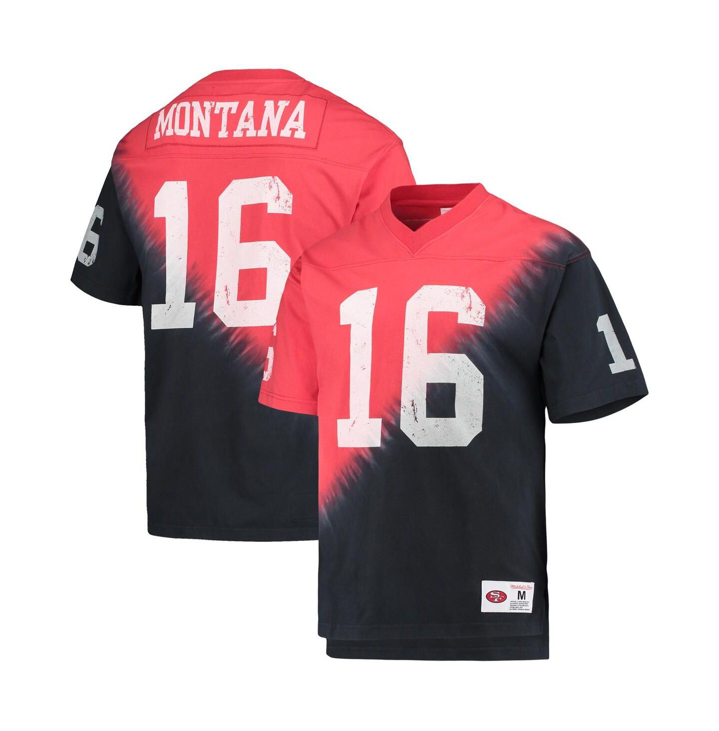 Мужская футболка Mitchell & Ness Joe Montana Black, Red San Francisco 49ers Retired Player Name & Number Diagonal Tie-Dye V-Neck — фото 2