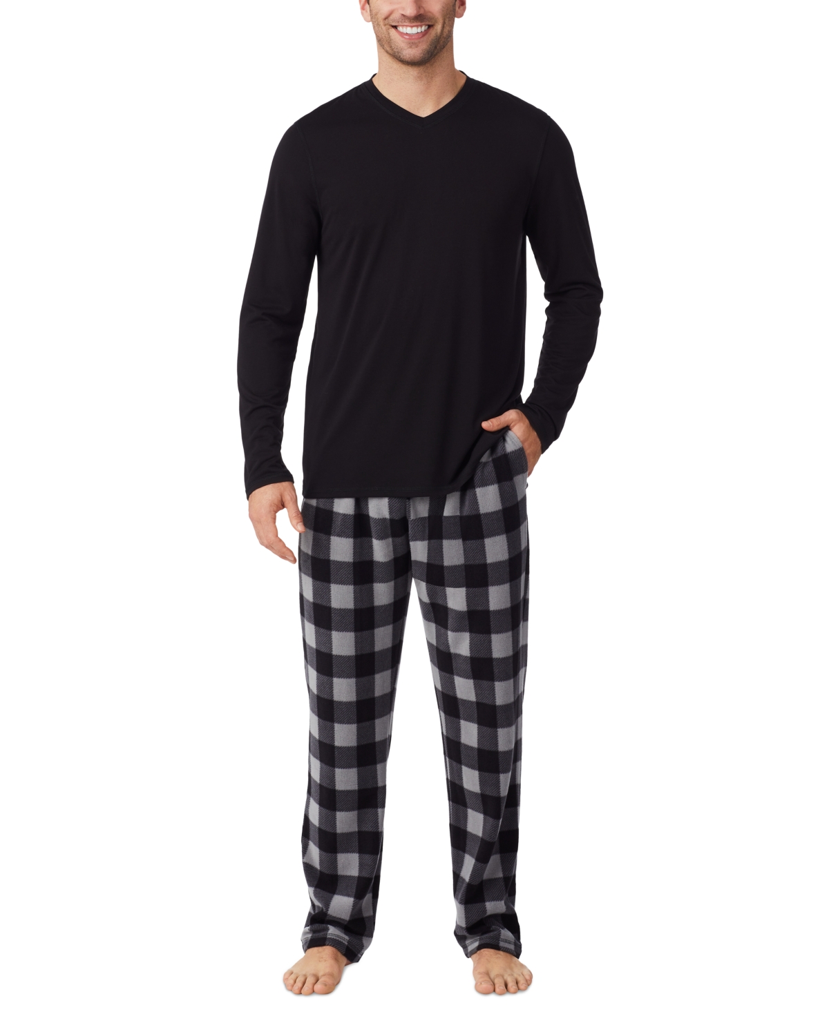 Men's Cabin 2-Pc. Solid Long-Sleeve V-Neck T-Shirt & Plaid Fleece Pajama Pants Set - Black Buffalo Check