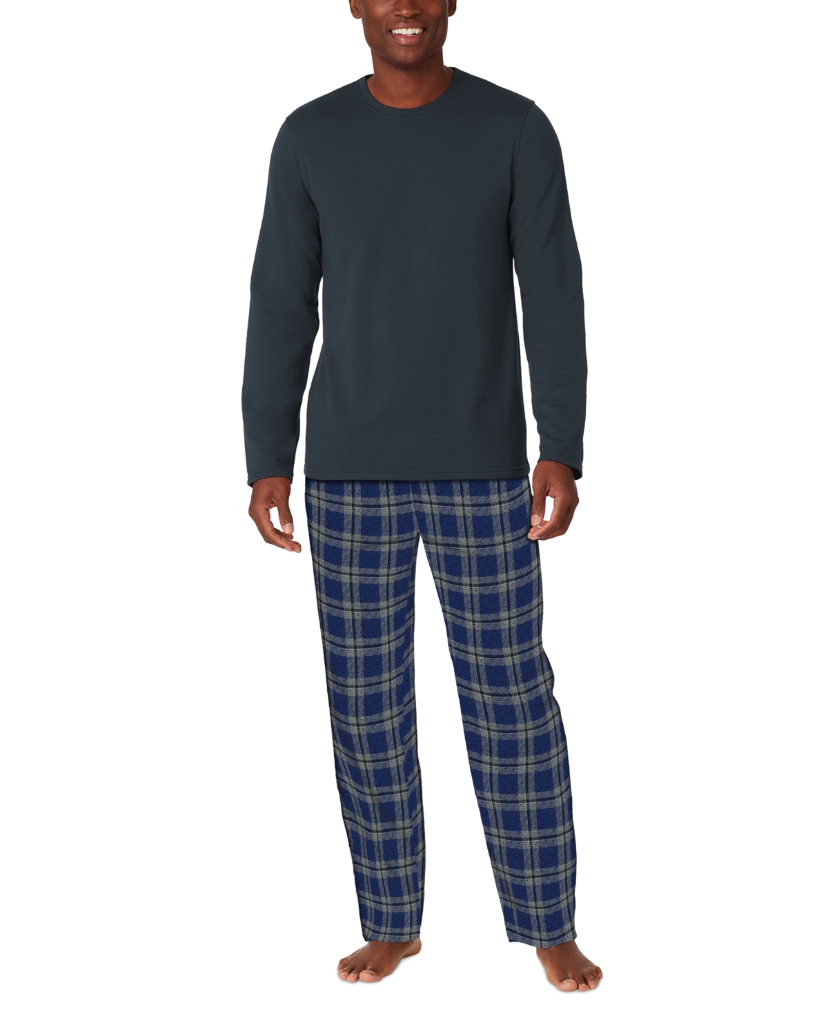 Men's Cozy Lodge 2-Pc. Solid French Terry Sweatshirt & Plaid Pajama Pants Set - Blue Plaid