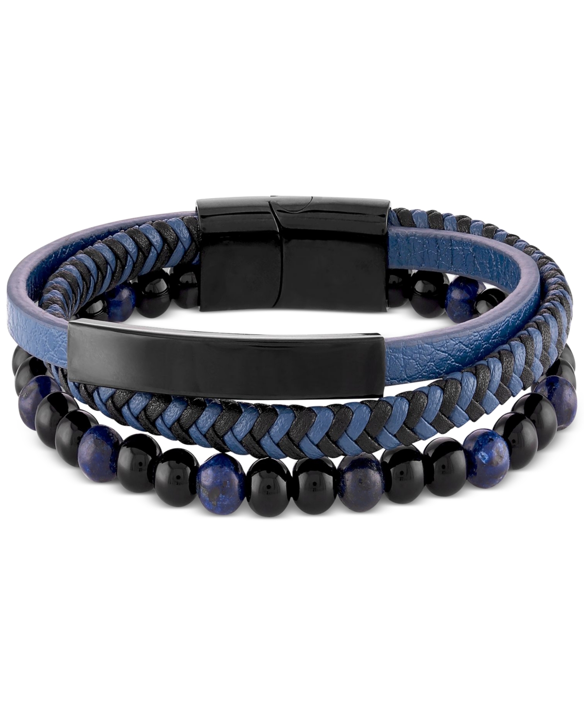 Men's Onyx & Lava Bead Triple Row Braided Leather Bracelet in Black Ion-Plated Stainless Steel (Also in Onyx/Sodalite) - Black