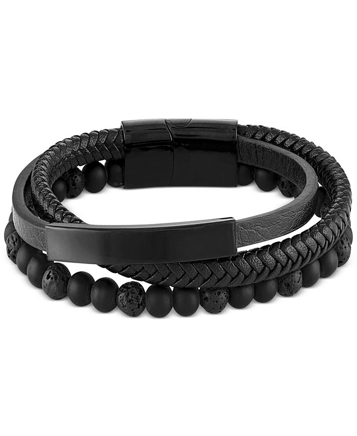 Macy's Men's Onyx & Lava Bead Triple Row Braided Leather Bracelet in ...