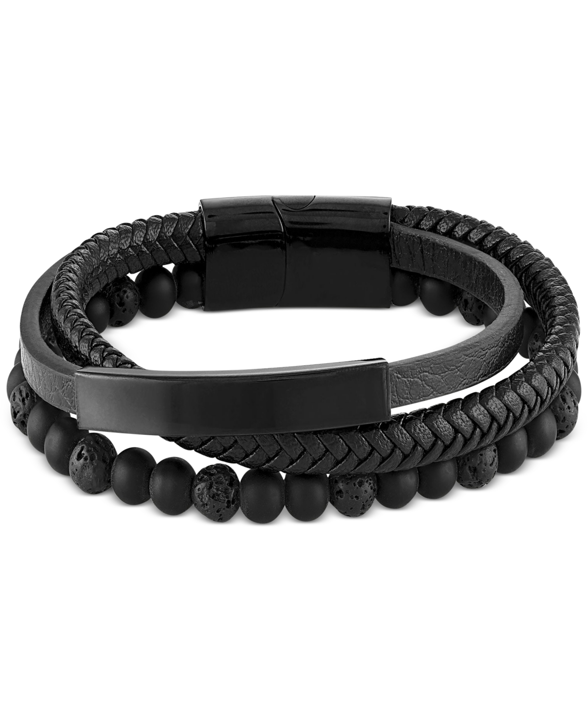 Macy's Men's Onyx & Lava Bead Triple Row Braided Leather Bracelet In Black Ion-plated Stainless Steel (also