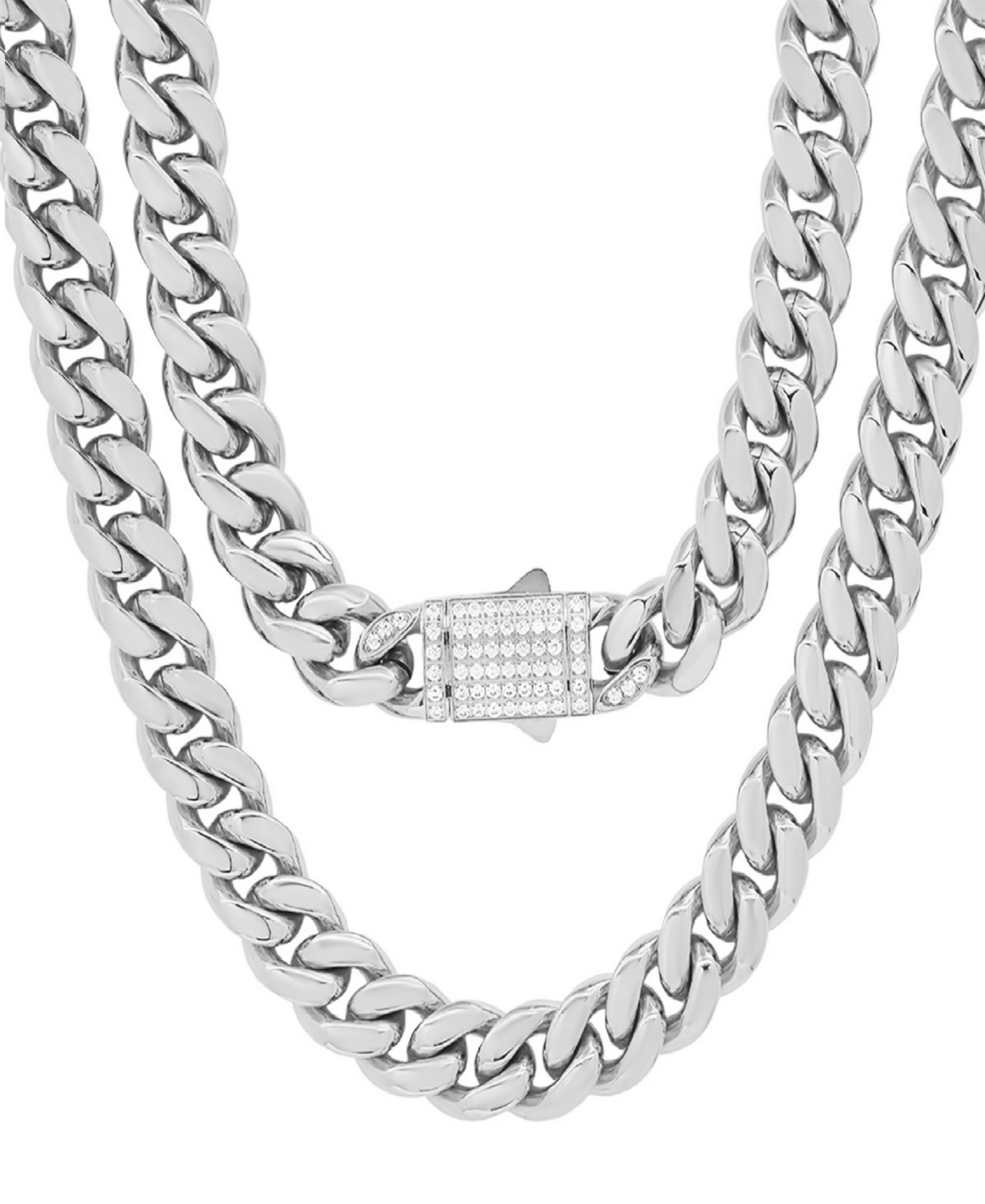 Thick Cuban Link Chain with Simulated Diamonds Clasp Necklace - Metallic