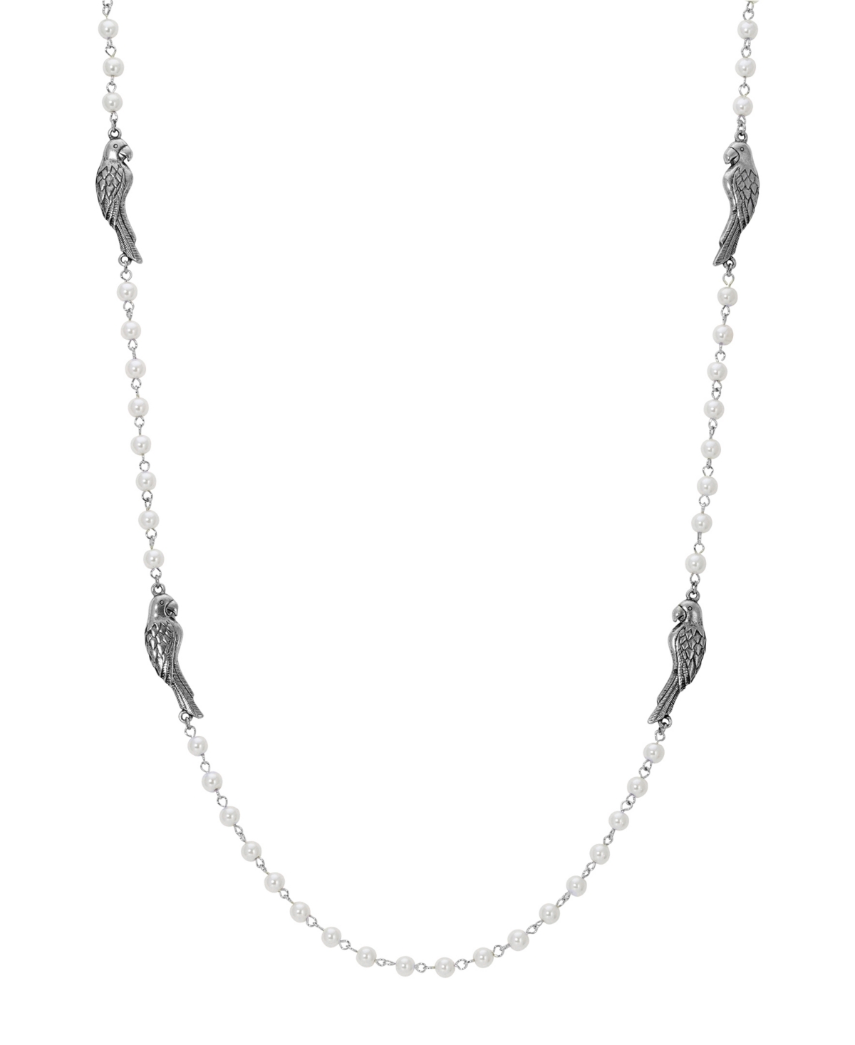 2028 Silver-tone Pewter Parrot Imitation Pearl Chain Necklace In White