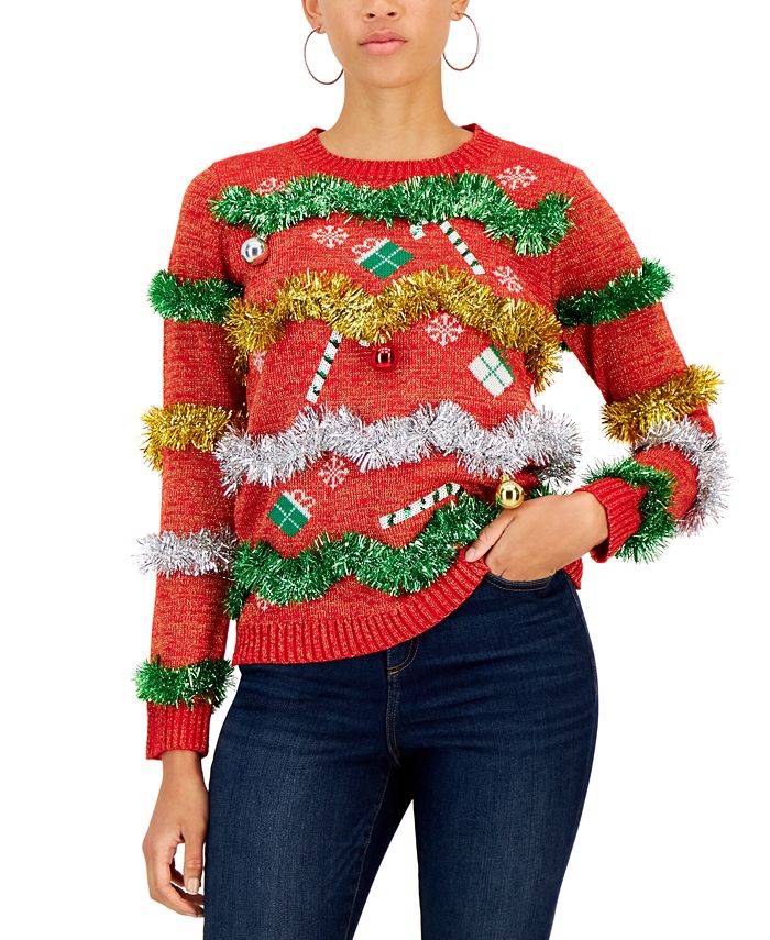 Planet Gold - Juniors' Tinsel-Embellished Sequined Sweater