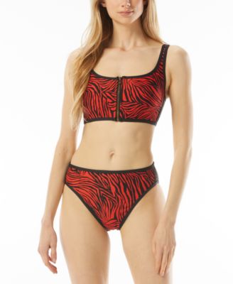 Michael Kors Michael  Womens Zip Front Bikini Top High Leg Bikini Bottoms In Ruby